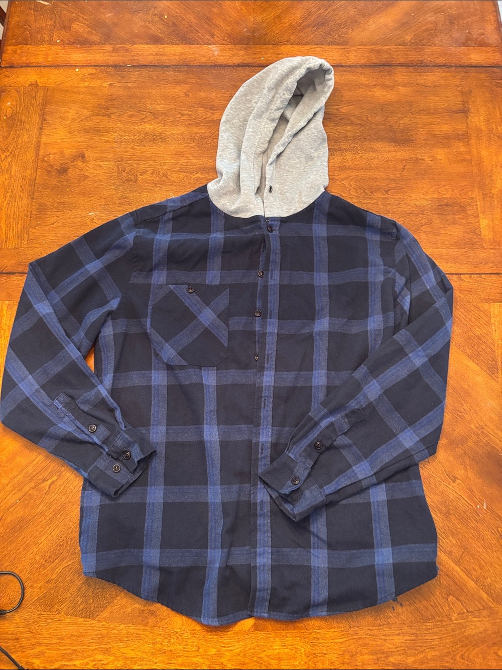 Blue and Black Plaid Hooded Flannel Shirt